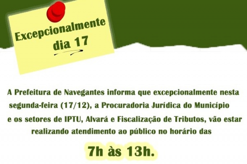 Procuradoria Jurídica e setores de IPTU, Alvará e Fiscalização de Tributos com horário diferenciado para atendimento nesta segunda-feira (17)