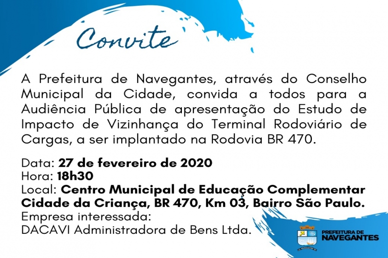Conselho da Cidade convida para apresentação do Estudo de Impacto de Vizinhança de Terminal Logístico na BR 470 no bairro São Paulo 