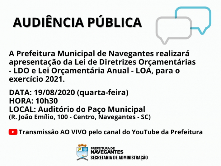 Audiência Pública de apresentação da LDO e LOA transmitida pelo Youtube nesta quarta, a partir das 10h30