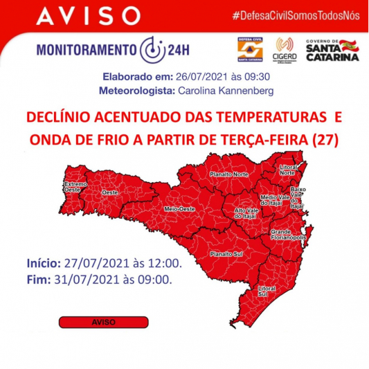 Defesa Civil: Declínio acentuado de temperaturas e onda de frio a partir de terça-feira (27)