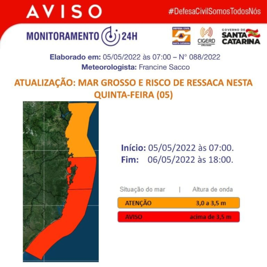 Defesa Civil continua em alerta para acompanhar níveis do Rio Itajaí-Açu nesta quinta-feira (5)