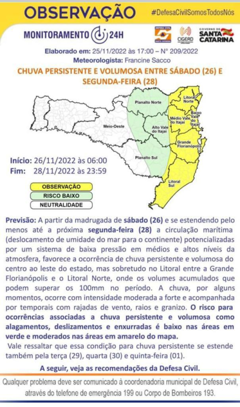 Defesa Civil alerta para chuvas volumosas entre sábado (26) e segunda-feira (28)