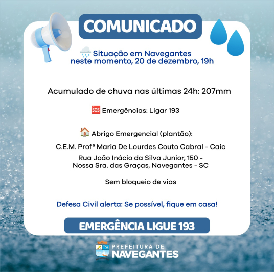 Defesa Civil alerta para chuvas persistentes entre terça (20) e quarta-feira (21)