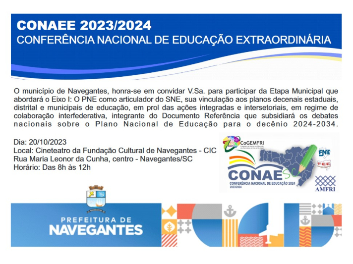 Conferência Nacional de Educação Extraordinária - CONAEE 2023/2024 - Etapa Municipal, será na sexta-feira (20)